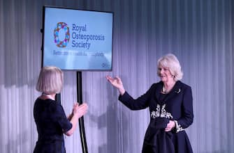 LONDON, ENGLAND - FEBRUARY 13:  Camilla, Duchess of Cornwall unveils the Society's new logo at the official launch of The Royal Osteoporosis Society at the Science Museum on February 13, 2019 in London, England. The Duchess has been President of the National Osteoporosis Society since 2001 and a patron between 1997 and 2001. (Photo by John Phillips - WPA Pool/Getty Images)