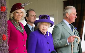 BRAEMAR, SCOTLAND - SEPTEMBER 07: Camilla, Duchess of Cornwall, Queen Elizabeth II, Prince Charles, Prince of Wales attend the 2019 Braemar Highland Games  on September 07, 2019 in Braemar, Scotland. (Photo by Samir Hussein/WireImage)