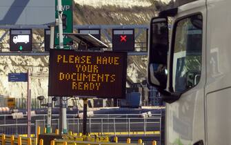 An electronic sign for drivers to have their documents ready at the entrance to the Port of Dover Ltd. in Dover, U.K., on Thursday, Jan. 6, 2022. U.K. traders are falling foul of a new IT system policing goods crossing the English Channel, as companies grapple with a fresh wave of post-Brexit red tape. Photographer: Chris Ratcliffe/Bloomberg via Getty Images