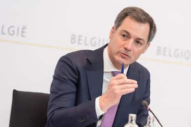 Prime Minister Alexander De Croo gestures during a press conference of Belgian federal government to present an agreement on reforms of laws on work, in Brussels, Tuesday 15 February 2022. BELGA PHOTO JONAS ROOSENS (Photo by JONAS ROOSENS/BELGA MAG/AFP via Getty Images)
