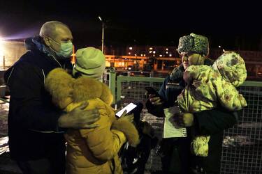 VOLZHSKY, VOLGOGRAD REGION, RUSSIA - FEBRUARY 20, 2022: People evacuated from the Donetsk and Lugansk People's Republic are seen at a railway station. Amid the escalating conflict in east Ukraine, on February 18, 2022, the heads of the Lugansk and Donetsk People's Republics announced a mass evacuation of civilians to Russia. The first train carrying 400 evacuated Donbass residents has arrived in the town of Volzhsky from Russia's Rostov-on-Don Region. Dmitry Rogulin/TASS

EDITORIAL USE ONLY. NO COMMERCIAL USE. NO ADVERTISING (Photo by Dmitry Rogulin\TASS via Getty Images)