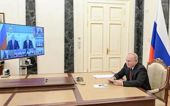 MOSCOW, RUSSIA – FEBRUARY 21, 2022: Russia's President Vladimir Putin meets with the Russian Paralympic team ahead of the Beijing 2022 Winter Paralympic Games via a video linkup from the Moscow Kremlin. Alexei Nikolsky/Russian Presidential Press and Information Office/TASS/Sipa USA