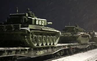 RUSSIA - FEBRUARY, 2022: Pictured in this video screen grab is a troop train carrying military hardware of Russian Army Western Military District tank army units from recent routine drills to a permanent deployment site in the Nizhny Novgorod Region.  Video grab.  Best possible quality.  Russian Defense Ministry / TASS / Sipa USA