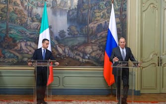MOSCOW, RUSSIA - FEBRUARY 17, 2022: Russia's Foreign Minister Sergei Lavrov (R) and Italy's Foreign Minister Luigi Di Maio give a press conference following their meeting at the Russian Foreign Ministry's Reception House. Russian Foreign Ministry/TASS (Photo by Russian Foreign Ministry\TASS via Getty Images)