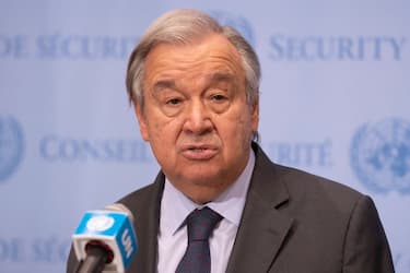 NEW YORK, UNITED STATES - 2022/02/22: UN the Secretary-General Antonio Guterres briefs reporters on the situation in Ukraine at UN Headquarters. Secretary-General stated that decision of the Russian Federation to recognize the so-called independence of certain areas of Donetsk and Luhansk regions is a violation of the territorial integrity and sovereignty of Ukraine. He added that our world is facing the biggest global peace and security crisis in recent year. (Photo by Lev Radin/Pacific Press/LightRocket via Getty Images)