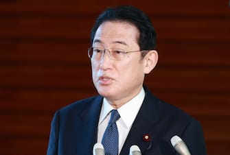 Japan's Prime Minister Fumio Kishida speaks to the media about the crisis between Russia and Ukraine, at the prime minister's office in Tokyo on February 22, 2022. - - Japan OUT (Photo by JIJI PRESS / AFP) / Japan OUT (Photo by STR/JIJI PRESS/AFP via Getty Images)