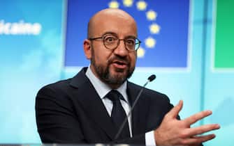 BRUSSELS, BELGIUM - FEBRUARY 18: European Council President Charles Michel gives a statement on the coronavirus disease (COVID-19) vaccination during a joint press conference on the second day of a European Union (EU) African Union (AU) summit at The European Council Building in Brussels, Belgium on February 18, 2022. (Photo by Dursun Aydemir/Anadolu Agency via Getty Images)