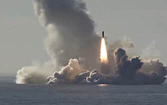 RUSSIA - MAY 23, 2018: Pictured in this screen grab is a Bulava missile launched by the Russian Navy Northern Fleet's Project 955 Borei nuclear missile cruiser submarine Yuri Dolgoruky from the White Sea in north-west Russia at the Kura testing grounds on Kamchatka Peninsula on Russia's Pacific coast during a military drill. Screen grab/Ministry of Defence of the Russian Federation/TASS (Photo by TASS\TASS via Getty Images)