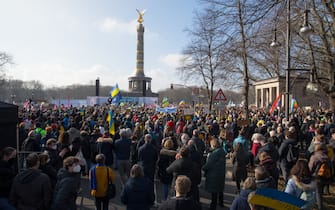 Anti-War protest against a war in Ukraine on February 27, 2022, starting from Siegessaeule, Berlin Victory Column, to Brandenburg Gate, against Russia's attack on Ukraine. (Photo by Michael Kuenne/PRESSCOV/Sipa USA)
