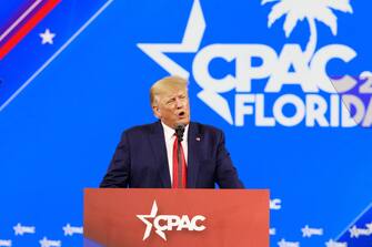 Former U.S. President Donald Trump speaks during the Conservative Political Action Conference (CPAC) in Orlando, Florida, U.S., on Saturday, Feb. 26, 2022. Launched in 1974, the Conservative Political Action Conference is the largest gathering of conservatives in the world. Photographer: Tristan Wheelock/Bloomberg via Getty Images