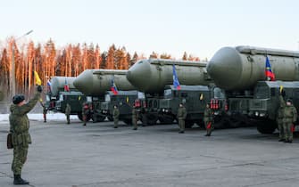 IVANOVO REGION, RUSSIA - FEBRUARY 25, 2022: Servicemen line up by Yars intercontinental ballistic missile systems of the 54th Guards Rocket Division of the 27th Guards Missile Army of the Russian Strategic Rocket Forces based in Teikovo, Ivanovo Region, during a ceremony to send military hardware to Alabino training ground near Moscow as part of preparations for the Victory Day parade in Moscow's Red Square. Vladimir Smirnov/TASS (Photo by Vladimir Smirnov\TASS via Getty Images)