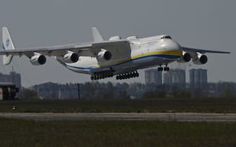 An Antonov-225 Mriya cargo plane carrying medical cargo from China lands at an airfield in Gostomel outside Kiev on April 23, 2020, amid the COVID-19 coronavirus pandemic. (Photo by GENYA SAVILOV / AFP) (Photo by GENYA SAVILOV/AFP via Getty Images)