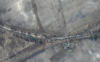 RUSSIANS INVADE UKRAINE -- FEBRUARY 28, 2022:  04 Maxar satellite imagery of southern end of large military convoy on the edge of Antonov Airport.  28feb2022_wv3.   Please use: Satellite image (c) 2022 Maxar Technologies.