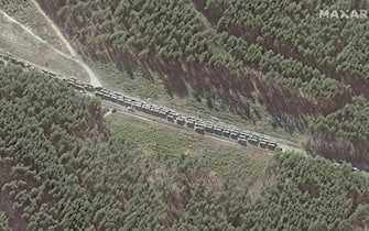 RUSSIANS INVADE UKRAINE -- FEBRUARY 28, 2022:  08 Maxar satellite imagery of the northern end of the convoy with logistics and resupply vehicles, southeast of Ivankiv, Ukraine.  28feb2022_wv3.   Please use: Satellite image (c) 2022 Maxar Technologies.