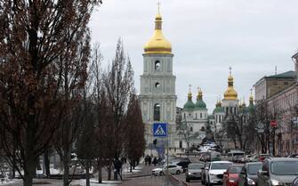 St. Sophia's Cathedral is seen in the center of Kyiv, Ukraine 8 February 2022. Daily life continues as usual, despite staying the tension on the border with Russia. (Photo by STR/NurPhoto via Getty Images)