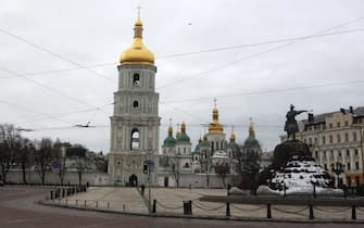 St. Sophia's Cathedral is seen in the center of Kyiv, Ukraine 8 February 2022. Daily life continues as usual, despite staying the tension on the border with Russia.  (Photo by STR / NurPhoto via Getty Images)