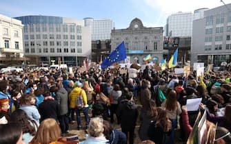 BRUSSELS, BELGIUM- MARCH 02: Thousands of demonstrators, holding flags and various banners, gather in front of the European Parliament in Brussels, the capital of Belgium, to stage an anti-war protest against Russian attacks on Ukraine in Brussels in Brussels, Belgium on March 2, 2022. (Photo by Dursun Aydemir/Anadolu Agency via Getty Images)