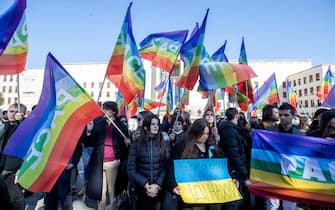 Un momento della manifestazione contro la guerra in Ucraina degli studenti universitari all'interno dell' Università Sapienza, Roma, 2 marzo 2022.
ANSA/MASSIMO PERCOSSI