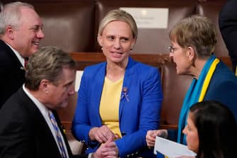 epa09794923 Rep. Steve Scalise, R-La., left, and Rep. Marcy Kaptur, D-Ohio, right, talk with Ukrainian-born American Rep. Victoria Spartz, R-Ind., before the President's State of the Union address to a joint session of Congress, at the Capitol in Washington, DC, USA, 01 March 2022. EPA / J.  Scott Applewhite / POOL
