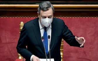 Italian premier Mario Draghi speaks at the Senate on the Ukrainian crisis, in Rome, Italy, 01 March 2022.   ANSA/ETTORE FERRARI 