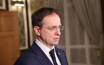 BELARUS RUSSIA UKRAINE CONFLICT TALKS epa09792278 A handout photo made available by BelTA news agency shows shows Russian presidential aide Vladimir Medinsky speaking to media after attending Russia-Ukraine negotiations, at an undisclosed location in the Gomel region in Belarus, 28 February 2022. Talks between Russian and Ukrainian delegations on a ceasefire started 28 February. Russian troops entered Ukraine on 24 February prompting the country's president to declare martial law and triggering a series of severe economic sanctions imposed by Western countries on Russia. EPA/SERGEI KHOLODILIN / BelTA / HANDOUT MANDATORY CREDIT HANDOUT EDITORIAL USE ONLY/NO SALES