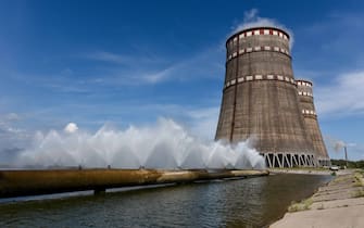 July 10, 2019, Enerhodar, Zaporizhzhia Region, Ukraine: Water jets spring from pipes leading to cooling towers as part of the essential service water system (ESWS) at the Zaporizhzhia Nuclear Power Plant, Enerhodar, Zaporizhzhia Region, southeastern Ukraine, July 10, 2019. Ukrinform. (Credit Image: © Dmytro Smolyenko/Ukrinform via ZUMA Wire)