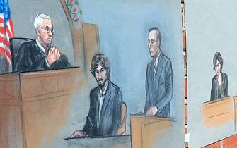 ( Boston, MA, 06/24/15) Two of the sketches that courtroom artist Jane Flavell Collins drew at the formal sentencing of Dzhokhar Tsarnaev at federal court (Wednesday, June 24, 2015). Staff Photo by Arthur Pollock (Photo by Arthur Pollock/MediaNews Group/Boston Herald via Getty Images)