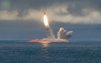 RUSSIA - AUGUST 24, 2019: The Borei-class nuclear-powered submarine K-535 Yuri Dolgoruky launches an RSM-56 Bulava ballistic missile in the Barents Sea. Along with the Delfin-class submarine K-114 Tula they have conducted ballistic missile tests hitting targets on Kura range in Kamchatka and Chizha range in the Arkhangelsk Region.  Vladimir Ivashchenko / Russian Northern Fleet Press Office / TASS (Photo by Vladimir Ivashchenko  TASS via Getty Images)