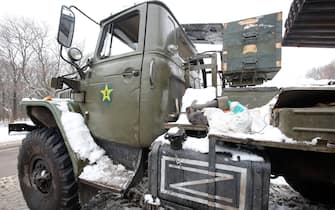 KHARKIV, UKRAINE - FEBRUARY 26, 2022 - A destroyed truck is pictured on the outskirts of Kharkiv, northeastern Ukraine.