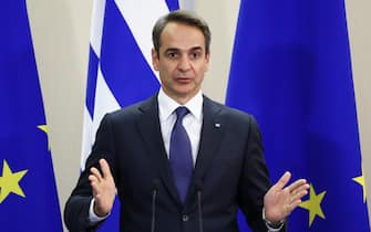 SOCHI, RUSSIA - DECEMBER 8, 2021: Greece's Prime Minister Kyriakos Mitsotakis gives a press conference following his meeting with Russia's President Vladimir Putin at Bocharov Ruchei residence. Valery Sharifulin/TASS (Photo by Valery Sharifulin\TASS via Getty Images)