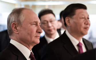 MOSCOW, RUSSIA - JUNE 5, 2019: Russia's President Vladimir Putin (L) and China's President Xi Jinping view a photo exhibition titled 'Russia and China: 70 Years of Cooperation' organized by TASS/Sipa USA Russian News Agency and China's Xinhua News Agency to mark the 70th anniversary of diplomatic relations between Russia and China, at Moscow's Bolshoi Theatre.  Alexei Nikolsky/Russian Presidential Press and Information Office/TASS/Sipa USA