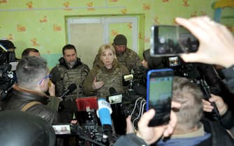 STANYTSIA LUHANSKA, UKRAINE - FEBRUARY 19, 2022 - Head of the Luhansk Regional State Administration and Civil-Military Administration Serhii Haidai and Deputy Prime Minister - Minister for Reintegration of the Temporarily Occupied Territories of Ukraine Iryna Vereshchuk (L to R, middle) face the press in the kindergarten that came under fire from Russian occupation forces on February 17, Stanytsia Luhanska, Luhansk Region, eastern Ukraine. (Photo credit should read Oleksii Kovalov/ Ukrinform/Future Publishing via Getty Images)