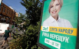 A portrait of Iryna Vereshchuk , Ukrainian lawmaker from pro-presidential the 'Servant of the People' political party, is seen on a billboard in Kyiv, Ukraine, on 19 August, 2020. Local elections will be held in Ukraine on 25 October 2020. (Photo by STR/NurPhoto via Getty Images)
