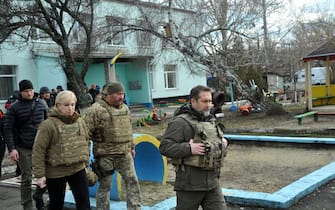 STANYTSIA LUHANSKA, UKRAINE - FEBRUARY 19, 2022 - Deputy Prime Minister - Minister for Reintegration of the Temporarily Occupied Territories of Ukraine Iryna Vereshchuk (L) and head of the Luhansk Regional State Administration and Civil-Military Administration Serhii Haidai (R) visit the kindergarten that came under fire from Russian occupation forces on February 17, Stanytsia Luhanska, Luhansk Region, eastern Ukraine. (Photo credit should read Oleksii Kovalov/ Ukrinform/Future Publishing via Getty Images)