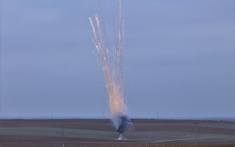FUZULI, AZERBAIJAN - NOVEMBER 18: A photo shows white phosphorus ammunitions of Armenian armed forces, being destroyed as Fuzuli and Jabrayil districts being cleared after freed 27 years of Armenian occupation in Alhanli village, in Fuzuli city, Azerbaijan on November 18, 2020. Assistant to the Azerbaijani President, Hikmat Hajiyev also attended the clearance operations by Azerbaijan National Agency for Mine Action (ANAMA) in search of unexploded ordnance in the region. Azerbaijani government firstly plans to calculate the damage caused by Armenia in all regions liberated from the occupation and secondly to reconstruct towns. (Photo by Resul Rehimov/Anadolu Agency via Getty Images)
