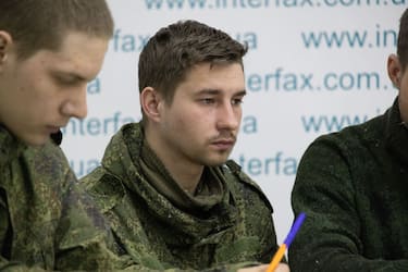 KYIV, UKRAINE- MARCH 5 : Eleven russian soldiers captured by Ukrainian forces make a press statement on March 5, 2022 in Kyiv, Ukraine. (Photo by Andriy Dubchak/ dia images via Getty Images)