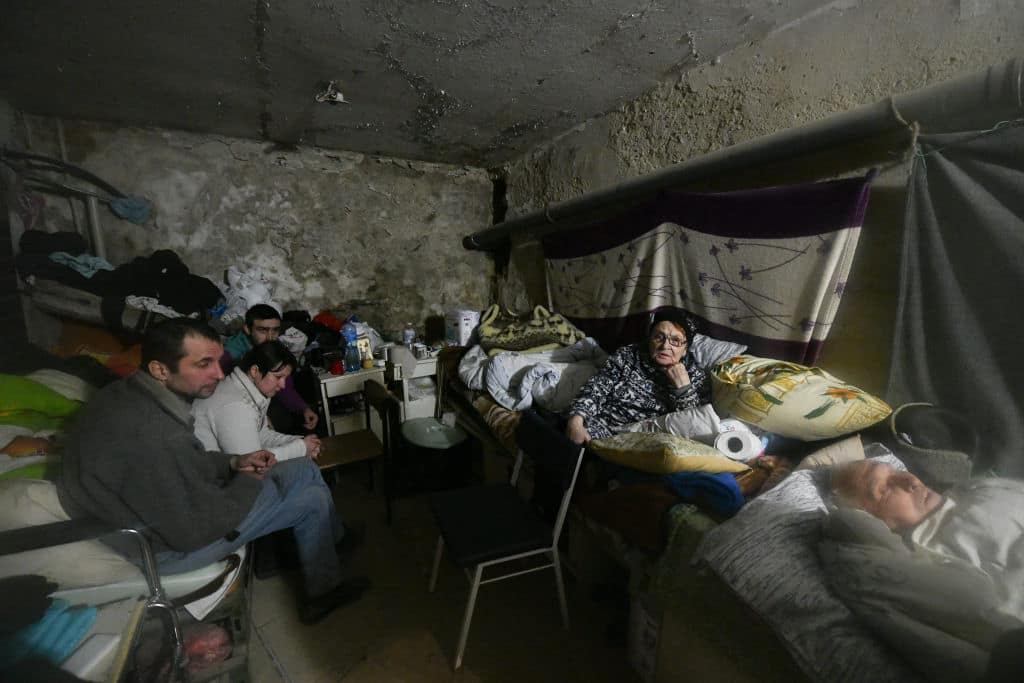 VOLNOVAKHA, UKRAINE - MARCH 12: Civilians are seen in a bomb shelter under the hospital amid Russian-Ukrainian conflict in the city of Volnovakha, Donetsk Oblast, Ukraine on March 12, 2022. (Photo by Stringer/Anadolu Agency via Getty Images)