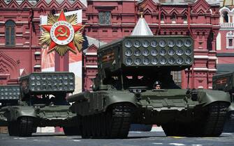 MOSCOW, RUSSIA - JUNE 24: TOS-1A Solntsepyok (Blazing Sun) multiple thermobaric rocket launchers during the Victory Day military parade in Red Square marking the 75th anniversary of the victory in World War II, on June 24, 2020 in Moscow, Russia. The 75th-anniversary marks the end of the Great Patriotic War when the Nazi's capitulated to the then Soviet Union.  (Photo by Ramil Sitdikov - Host Photo Agency via Getty Images )