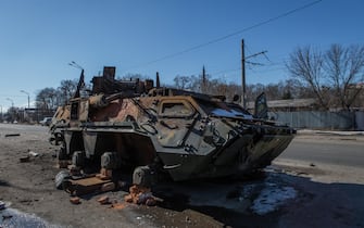 KHARKIV, UKRAINE - MARCH 15: Armored vehicle destroyed during the fighting between the Ukrainian army and Russian forces in Kharkiv, Ukraine, on March 15, 2022. (Photo by Andrea Carrubba/Anadolu Agency via Getty Images)