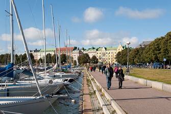 A view along Merisatama port and promenade towards the prestigious Merikatu Street in Helsinki. (Photo by: Loop Images/Universal Images Group via Getty Images)