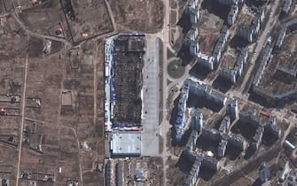 RUSSIANS INVADE UKRAINE -- MARCH 10, 2022:  13 Maxar satellite imagery of Epicenter K Shopping Center AFTER it was destroyed.  Chernihiv, Ukraine.  10mar2022_wv3.   Please use: Satellite image (c) 2022 Maxar Technologies.