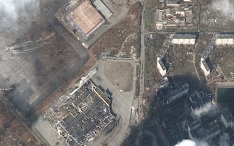 RUSSIANS INVADE UKRAINE -- MARCH 9, 2022:  06 Maxar satellite imagery of the Port City Shopping Mall and other stores AFTER invasion - western Mariupol, Ukraine.  9mar2022_wv3.  Please use: Satellite image (c) 2022 Maxar Technologies.