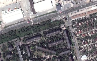 RUSSIANS INVADE UKRAINE -- JUNE 21, 2022:  03 Maxar satellite imagery close up view of apartment buildings before invasion - western Mariopol, Ukraine.   21june2021_wv2.   Please use: Satellite image (c) 2022 Maxar Technologies.