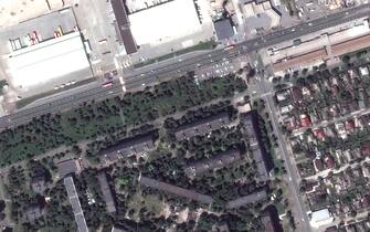 1239138933 RUSSIANS INVADE UKRAINE -- JUNE 21, 2022: 03 Maxar satellite imagery close up view of apartment buildings before invasion - western Mariopol, Ukraine. 21june2021_wv2. Please use: Satellite image (c) 2022 Maxar Technologies.
