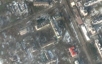 RUSSIANS INVADE UKRAINE - MARCH 12, 2022: 08 Maxar satellite imagery of Mariupol Hospital AFTER attack in Mariupol, Ukraine.  12march2022_wv2.  Please use: Satellite image (c) 2022 Maxar Technologies.