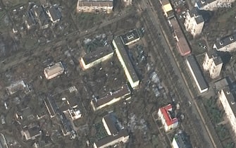 RUSSIANS INVADE UKRAINE -- MARCH 9, 2022:  07 Maxar satellite imagery of Mariupol Hospital BEFORE attack in Mariupol, Ukraine.  09march2022_wv2.  Please use: Satellite image (c) 2022 Maxar Technologies.