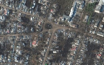 RUSSIANS INVADE UKRAINE -- MARCH 14, 2022:  06 Maxar satellite imagery of destroyed homes and buildings AFTER invasion in Sumy, Ukraine.  14march2022_ge1.  Please use: Satellite image (c) 2022 Maxar Technologies.  Before/after comparison of damaged homes and buildings (Location: 47.611, 37.488)