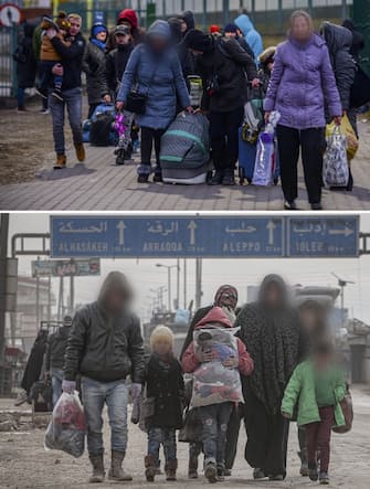 ANKARA, TURKIYE - MARCH 16: (EDITOR'S NOTE: COMPOSITE IMAGE) Photos emerged during Russia's attacks on Ukraine bear similarities with the images taken during the Syrian Civil War. A photo dated on March 09, 2022 (top) shows civilians, fled from Ukraine due to ongoing Russian attacks at Medyka border crossing in Przemysl, Poland and a photo dated on February 11, 2020 shows arrival of Syrian civilians fled from attacks of Assad Regime forces near the Syrian-Turkish border. (Photo by Stringer, Muhammed Said/Anadolu Agency via Getty Images)
