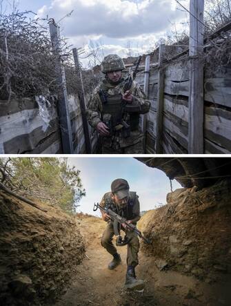 ANKARA, TURKIYE - MARCH 16: (EDITOR'S NOTE: COMPOSITE IMAGE) Photos emerged during Russia's attacks on Ukraine bear similarities with the images taken during the Syrian Civil War. A photo dated on February 21, 2022 (top) shows Ukrainian servicemen outside of Svitlodarsk, Ukraine and a photo dated on August 31, 2013 shows a member of Syrian National Army protecting themselves by digging trenches in Syria. (Photo by Wolfgang Schwan,Atilgan Ozdil/Anadolu Agency via Getty Images)