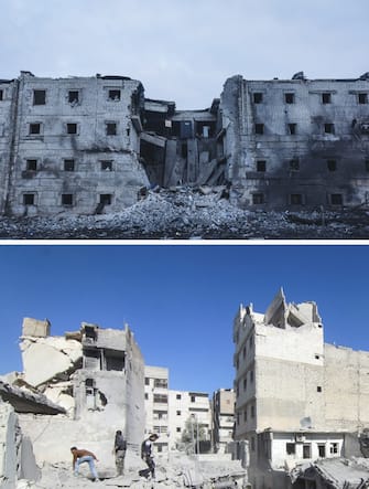 ANKARA, TURKIYE - MARCH 16: (EDITOR'S NOTE: COMPOSITE IMAGE) Photos emerged during Russia's attacks on Ukraine bear similarities with the images taken during the Syrian Civil War. A photo dated on March 14, 2022 (top) shows a destroyed building in Kharkov, Ukraine and a photo dated on November 17, 2016 shows search and rescue works at destroyed building after airstrikes in Aleppo, Syria. (Photo by Diego Herrera Carcedo,Javad Al Rifa/Anadolu Agency via Getty Images)